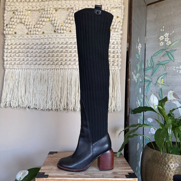 KELSI DAGGER BROOKLYN Black Leather Knit Over The Knee Curved Block Heel Boots - Picture 7 of 16